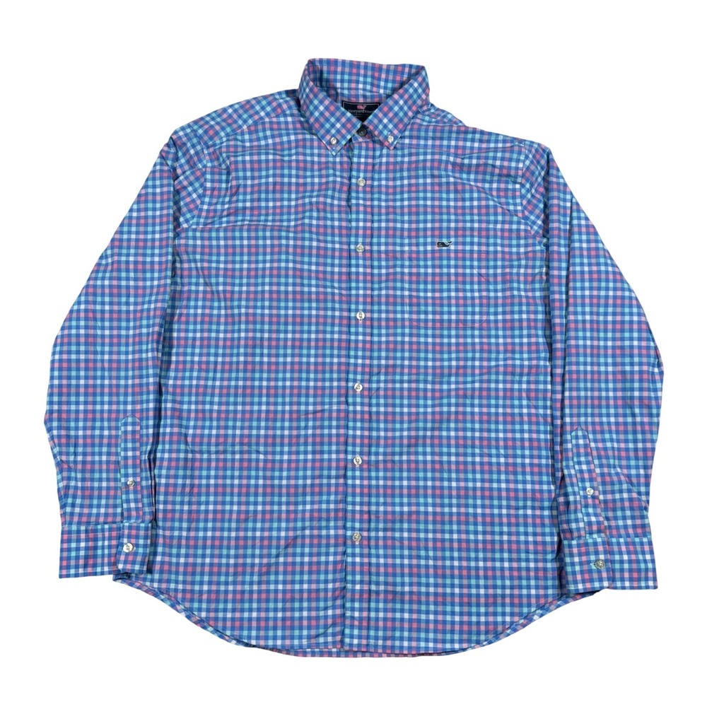 Vineyard Vines Performance Shirt Mens XL Blue Pink Gingham Tucker Button Down